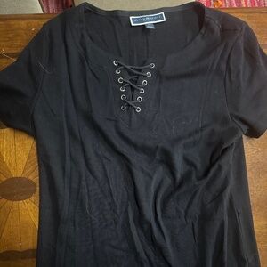 Karen Scott petite medium lace front lace up black jersey dress comfy and chic
